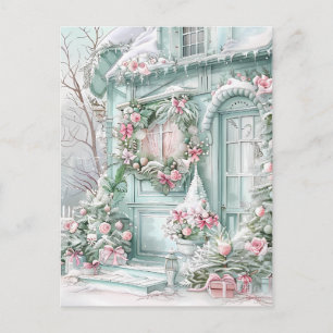 Minz- und rosa Weihnachtshaus-Postkarte Postkarte