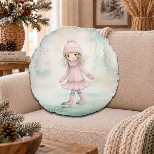 Minz- und rosa Winterlandschaft Mädchen beim Schli Rundes Kissen