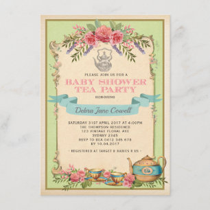 Minz-Vintage-Baby-Teeparty-Blumenteekanne-Einladun Einladung