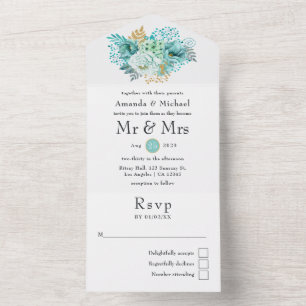 Minz-Wasserfarben-Blumenhochzeit All In One Einladung