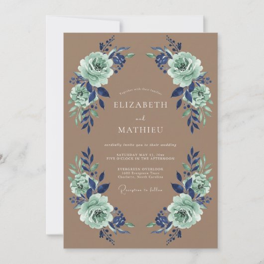 Minzblaue Florale Hochzeitskrone Einladung (Vorderseite)