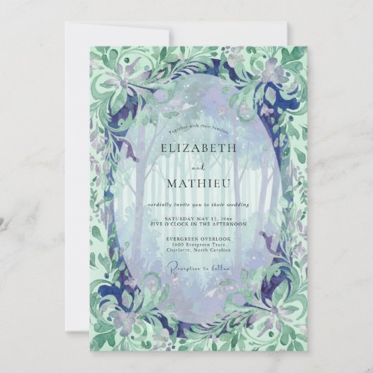 Minzblaue Hochzeit mit Blättern Einladung (Vorderseite)