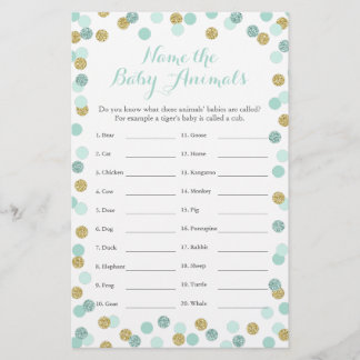 Minze and Gold Baby Shower Baby Animal Name Game