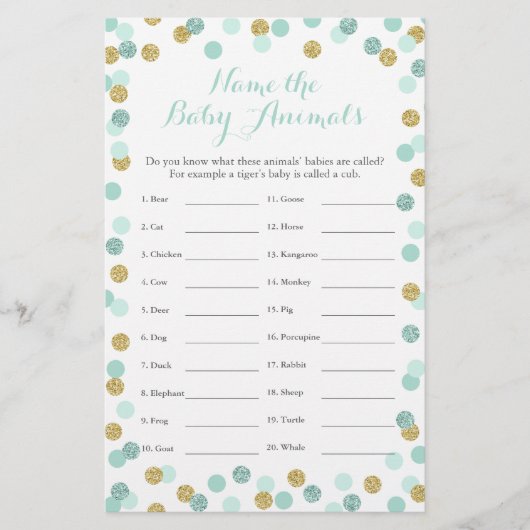 Minze and Gold Baby Shower Baby Animal Name Game (Vorderseite)