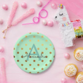 Minze and Gold Foil Polka Dots Monogram Birthday Pappteller (Party)