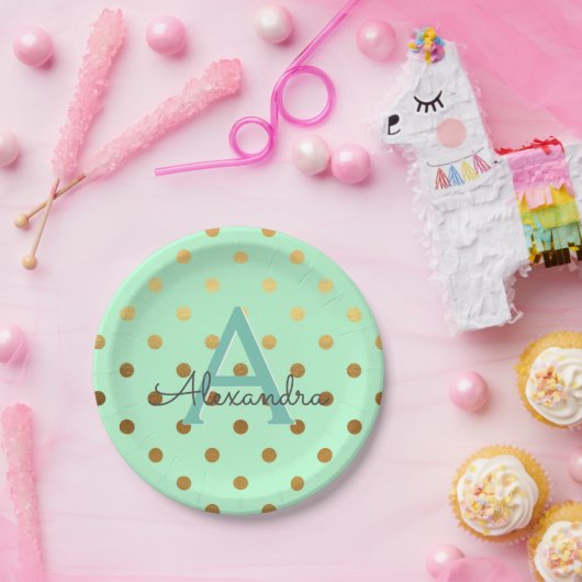 Minze and Gold Foil Polka Dots Monogram Birthday Pappteller (Party)