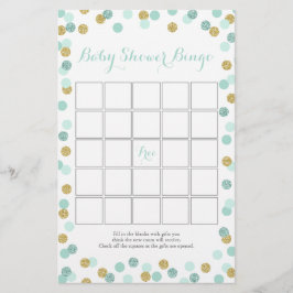 Minze and Gold Glitzer Baby Shower Bingo Game Flyer