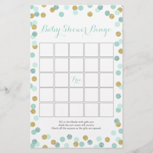 Minze and Gold Glitzer Baby Shower Bingo Game Flyer
