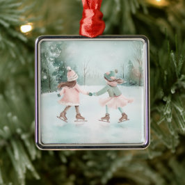 Minze and Pink Girls Skaten - Winterlandschaft Ornament Aus Metall