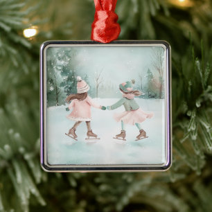 Minze and Pink Girls Skaten - Winterlandschaft Ornament Aus Metall