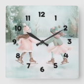 Minze and Pink Girls Skaten - Winterlandschaft Quadratische Wanduhr (Vorderseite)