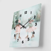Minze and Pink Girls Skaten - Winterlandschaft Quadratische Wanduhr (Winkel)