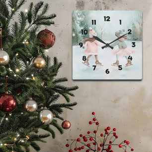 Minze and Pink Girls Skaten - Winterlandschaft Quadratische Wanduhr