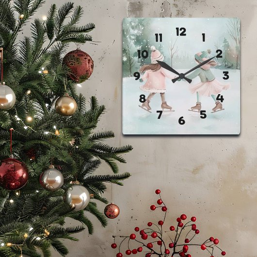 Minze and Pink Girls Skaten - Winterlandschaft Quadratische Wanduhr
