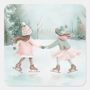 Minze and Pink Girls Skaten - Winterlandschaft Quadratischer Aufkleber