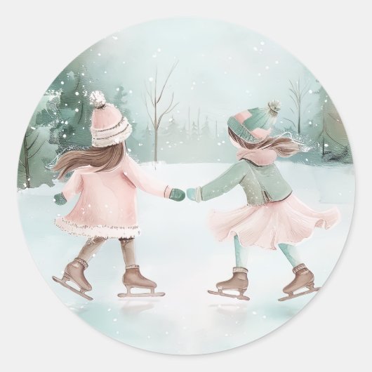 Minze and Pink Girls Skaten - Winterlandschaft Runder Aufkleber (Vorderseite)