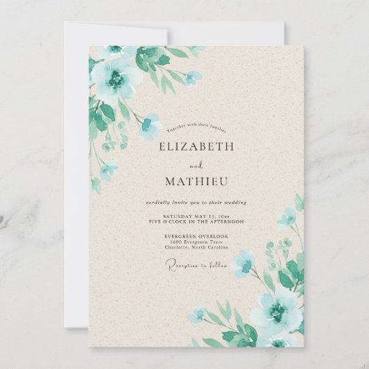 Minze-Aqua-Blüten-Hochzeit Einladung (Vorderseite)