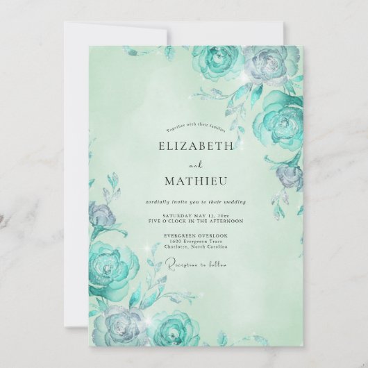 Minze Aqua Rose Hochzeit Einladung (Vorderseite)