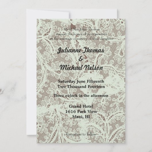 Minze Beige Imitats Lace Floral Wedding Einladung (Vorderseite)