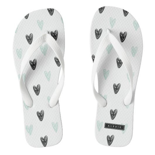 Minze & Black Hearts Doodles Muster Personalisiert Badesandalen (Fußbett)