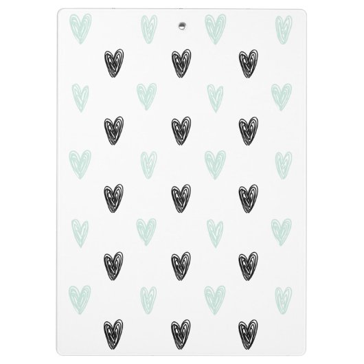 Minze & Black Hearts Doodles Muster Personalisiert Klemmbrett (Rückseite)