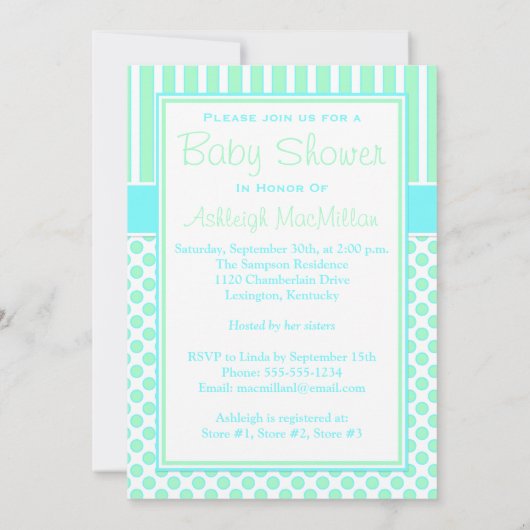 Minze, Blau, weiße Streifen, Dots Baby Dusche lade Einladung (Rückseite)