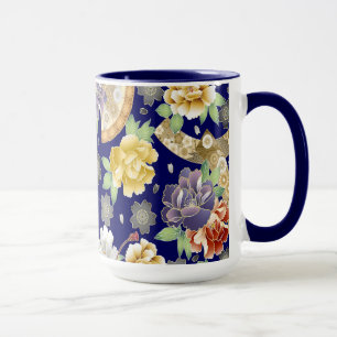 Minze Blue Gold Blume Schönes japanisches Muster Tasse