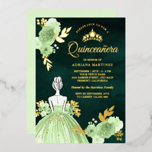 Minze Blumenkleid Emerald Green Quinceanera Gold Folieneinladung