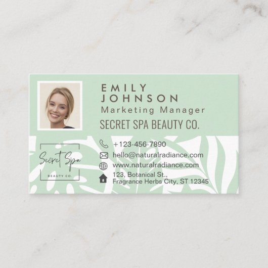 Minze botanische tropische Leaf Beauty Foto & Logo Visitenkarte (Vorderseite)