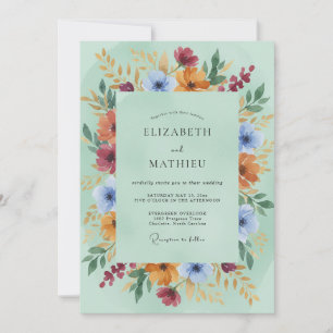 Minze-Burgunder-Wildblumen-Hochzeit Einladung