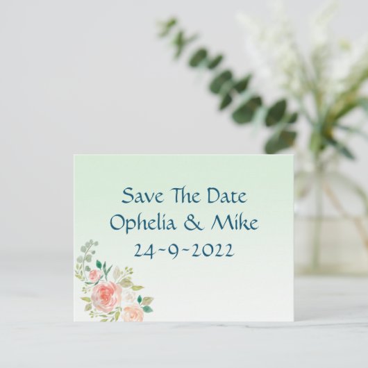 Minze florale elegante Save the Date Postkarte (Stehend Vorderseite)