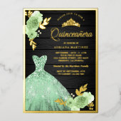 Minze florale Sparkle Dress Wood Quinceanera Gold Folieneinladung (Vorderseite)