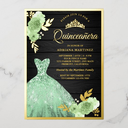 Minze florale Sparkle Dress Wood Quinceanera Gold Folieneinladung (Vorderseite)