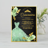 Minze florale Sparkle Dress Wood Quinceanera Gold Folieneinladung (Stehend vorne)