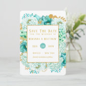 Minze Florals und Gold Foliage speichern die Datum Einladung (Stehend Vorderseite)