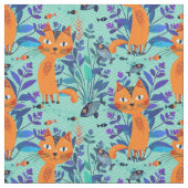 Minze Folk Art Cats und Fischmuster Stoff (Nahaufnahme)