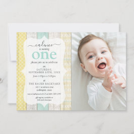 Minze & Gelbe Hütte Rustikales geometrisches Foto Einladung