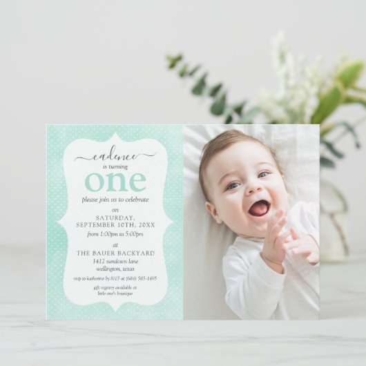 Minze & Gelbe Hütte Rustikales geometrisches Foto Einladung (Stehend Vorderseite)