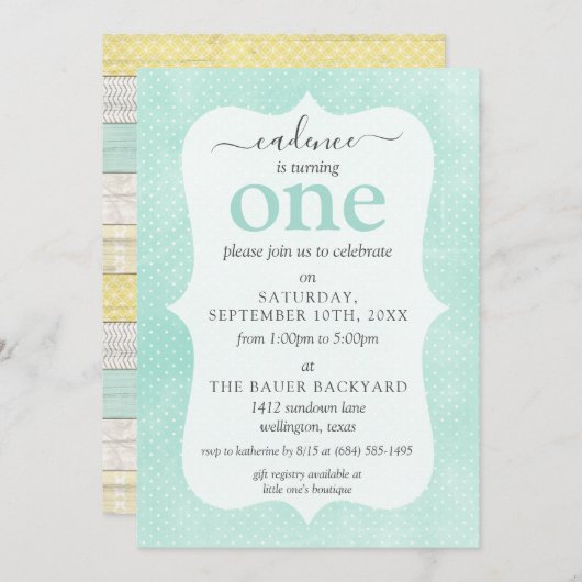 Minze & Gelbe Rustikale Hütte Custom Age Geburtsta Einladung (Vorne/Hinten)