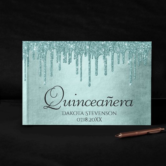 Minze-Glitzer | Aqua Aquamarin Glam Quinceanera Gästebuch