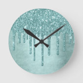 Minze-Glitzer | Aqua Aquamarin Melting Pour Runde Wanduhr (Vorderseite)