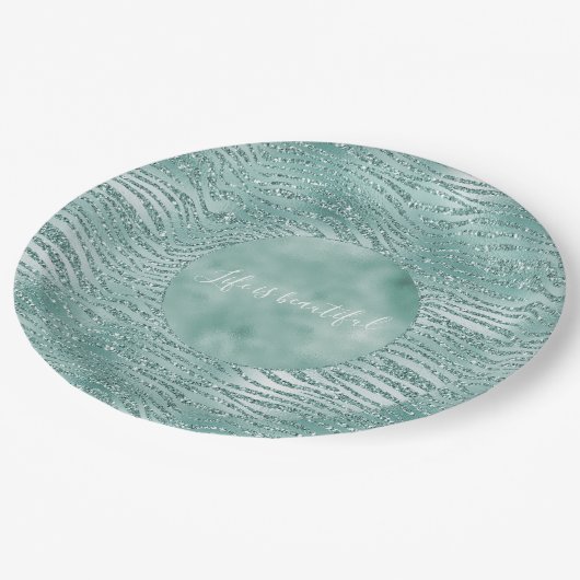 Minze Glitzer Glitzy Sparkle Zebra Print Pappteller (Schrägansicht)