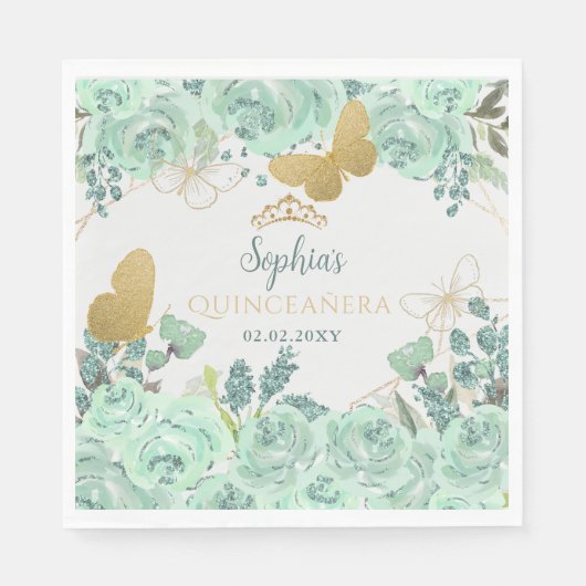 Minze Gold Floral Butterfly Quinceañera Serviette (Vorderseite)