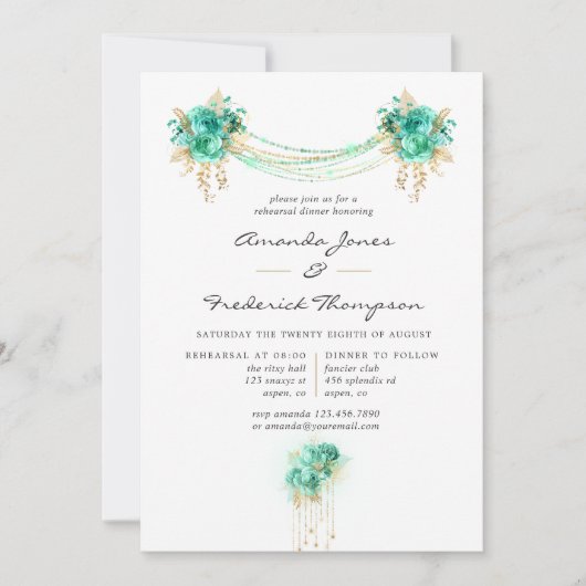 Minze & Gold Floral String Lights Probe Dinner Einladung (Vorderseite)