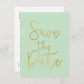 Minze & Gold SAVE THE DATE Moderne Script Postcard Ankündigungspostkarte (Vorne/Hinten)