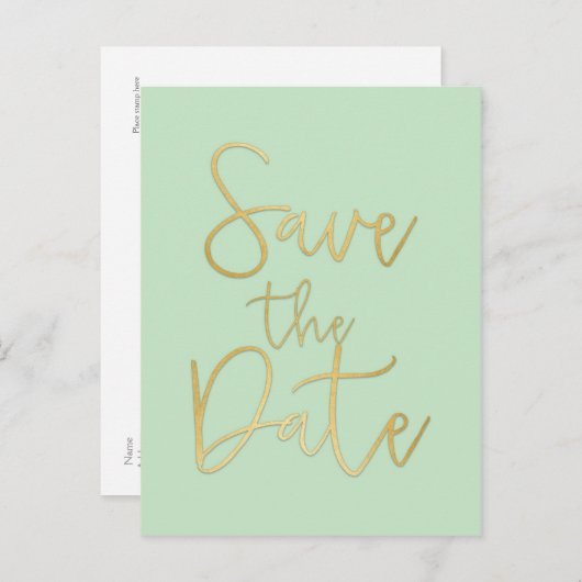 Minze & Gold SAVE THE DATE Moderne Script Postcard Ankündigungspostkarte (Vorne/Hinten)