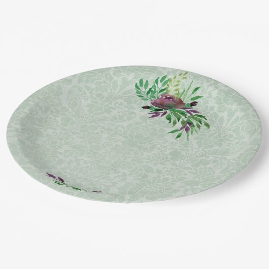 Minze Green Damask Custom Paper Teller 9" (Schrägansicht)
