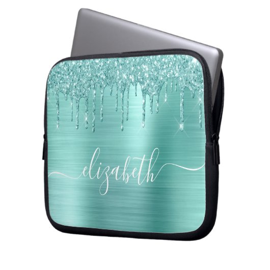 Minze Green Dripping Glitzer Personalisiert Laptopschutzhülle (Vorderseite Links)