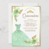 Minze Green Floral Sparkle Dress Gold Quinceanera Einladung (Vorderseite)
