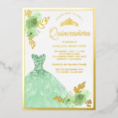 Minze Green Floral Sparkle Dress Quinceanera Gold Folieneinladung (Vorderseite)